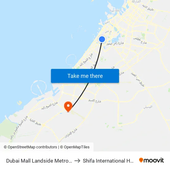 Dubai Mall Landside Metro Bus Stop - 01 to Shifa International Hospitals Dwc map