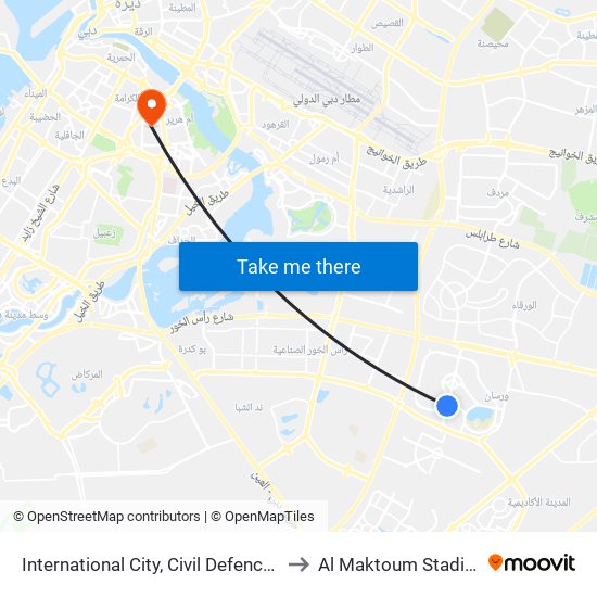 International City, Civil Defence - 1 to Al Maktoum Stadium map