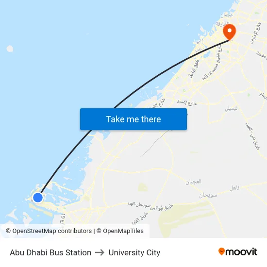 Abu Dhabi Bus Station to University City map
