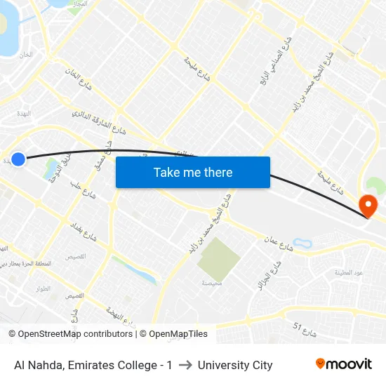 Al Nahda, Emirates College - 1 to University City map