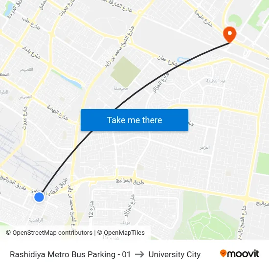 Rashidiya Metro Bus Parking - 01 to University City map