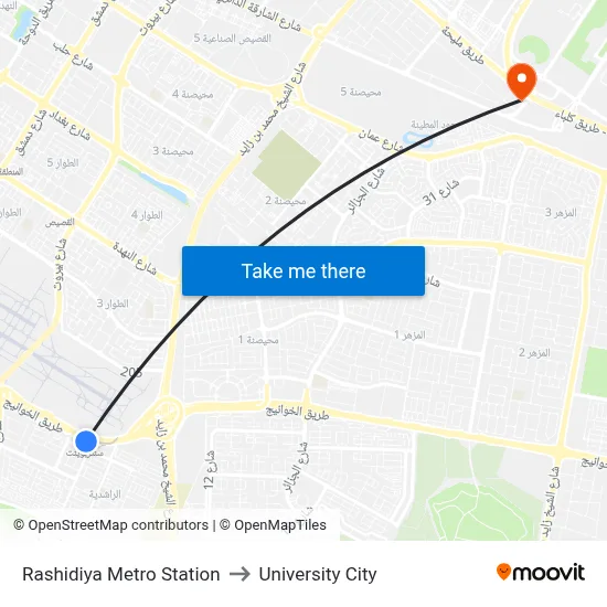 Rashidiya Metro Station to University City map