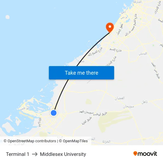 Terminal 1 to Middlesex University map