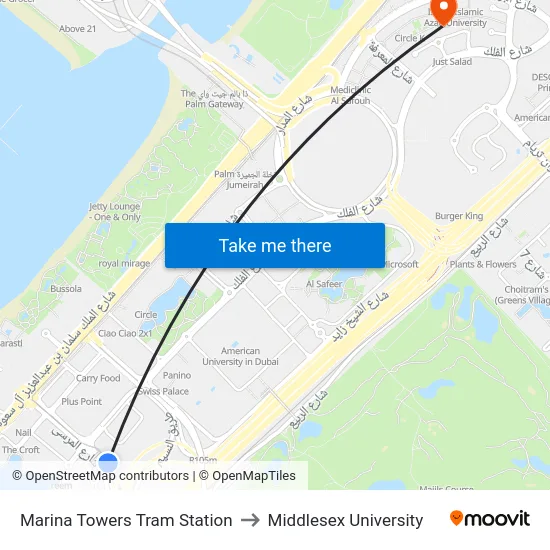 Marina Towers Tram Station to Middlesex University map