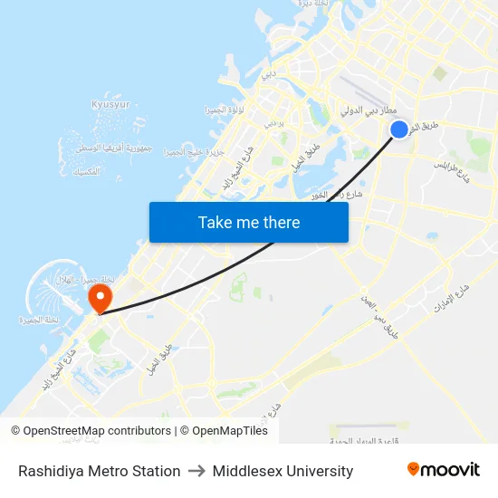 Rashidiya Metro Station to Middlesex University map
