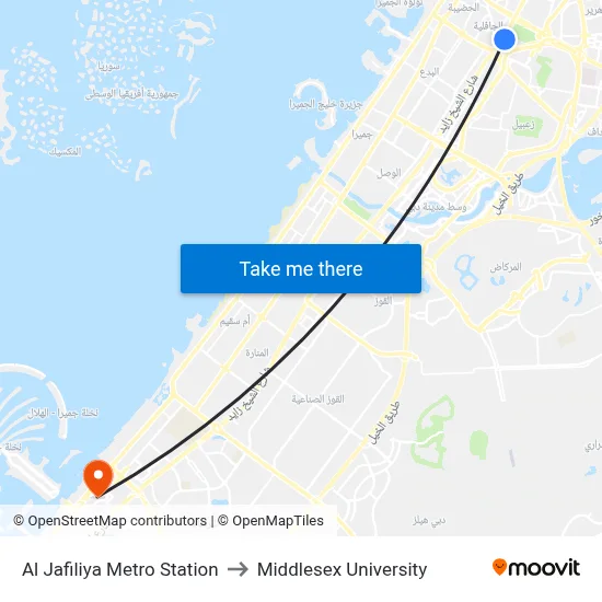 Al Jafiliya Metro Station to Middlesex University map