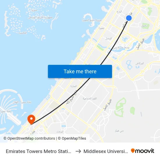 Emirates Towers Metro Station to Middlesex University map