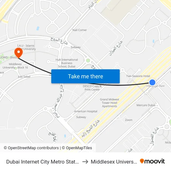 Dubai Internet City Metro Station to Middlesex University map