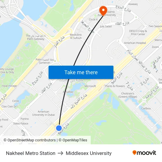 Nakheel Metro Station to Middlesex University map