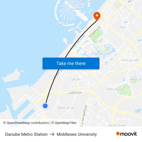 Danube Metro Station to Middlesex University map