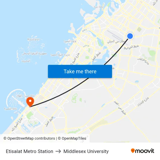 Etisalat Metro Station to Middlesex University map