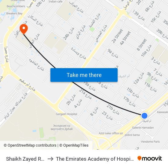 Shaikh Zayed  Road 1 - 02 to The Emirates Academy of Hospitality Management map
