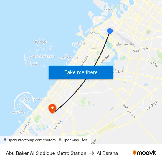 Abu Baker Al Siddique Metro Station to Al Barsha map