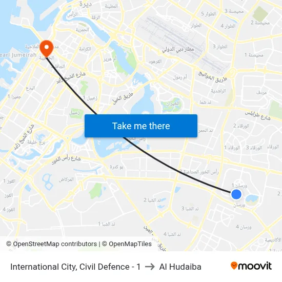 International City, Civil Defence - 1 to Al Hudaiba map