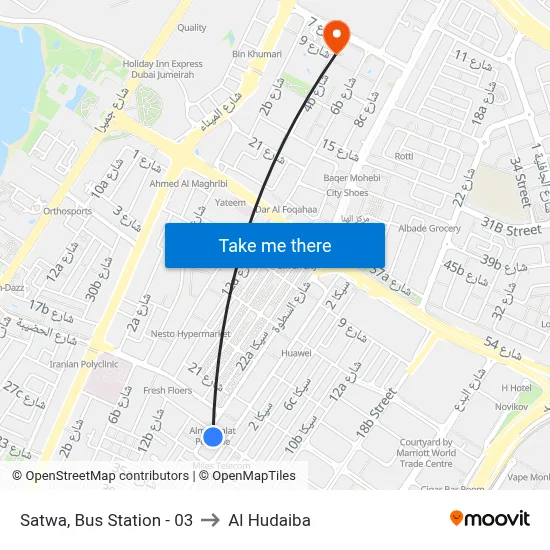 Satwa, Bus Station - 03 to Al Hudaiba map