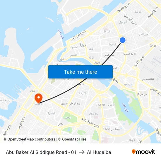 Abu Baker Al Siddique Road - 01 to Al Hudaiba map