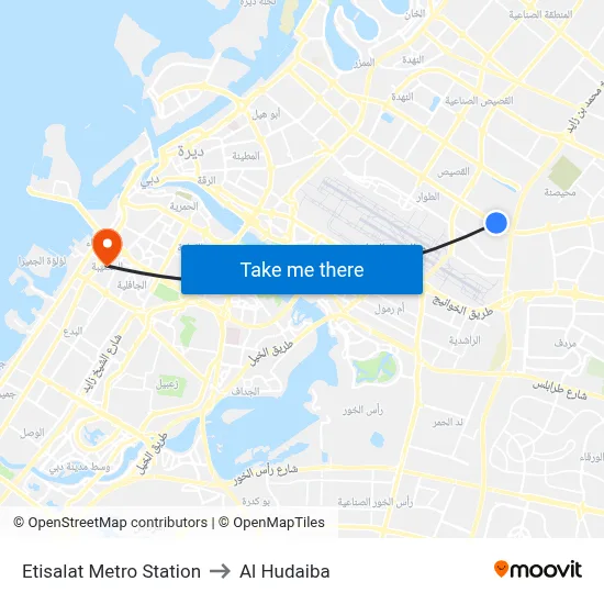 Etisalat Metro Station to Al Hudaiba map