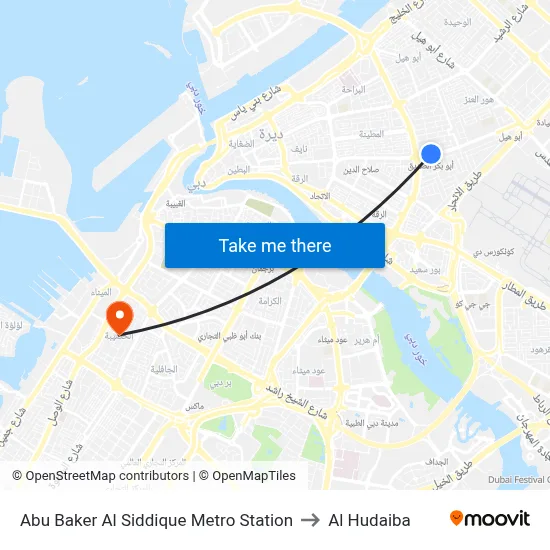 Abu Baker Al Siddique Metro Station to Al Hudaiba map