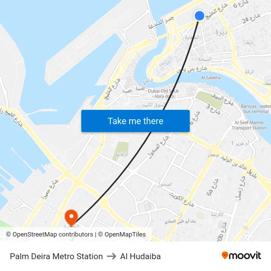Palm Deira Metro Station to Al Hudaiba map
