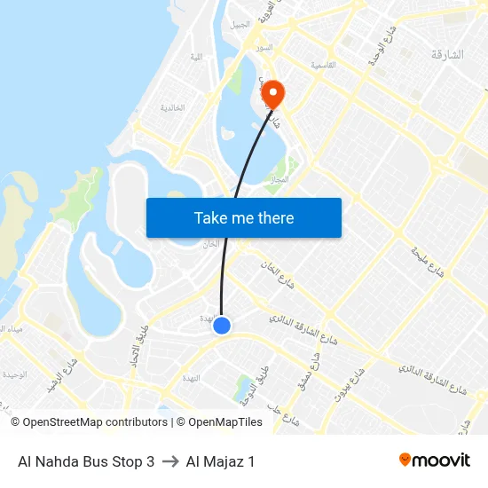 Al Nahda Bus Stop 3 to Al Majaz 1 map