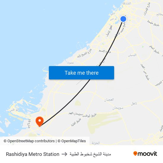 Rashidiya Metro Station to مدينة الشيخ شخبوط الطبية map