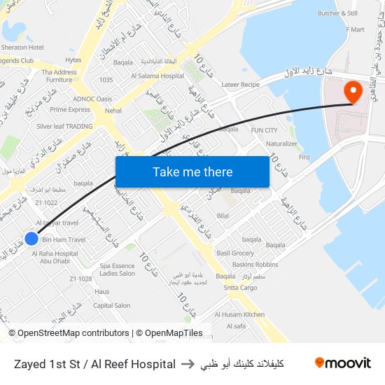 Zayed 1st St / Al Reef Hospital to كليفلاند كلينك أبو ظبي map