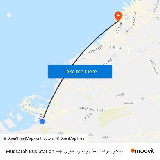 Mussafah Bus Station to ميدكير لجراحة العظام والعمود الفقري map