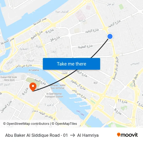 Abu Baker Al Siddique Road - 01 to Al Hamriya map