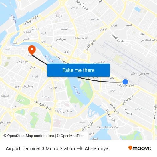 Airport Terminal 3 Metro Station to Al Hamriya map