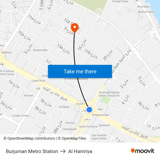 Burjuman Metro Station to Al Hamriya map