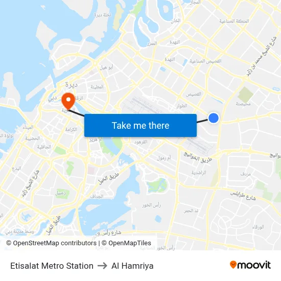 Etisalat Metro Station to Al Hamriya map