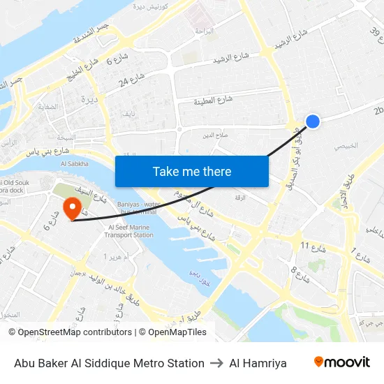 Abu Baker Al Siddique Metro Station to Al Hamriya map