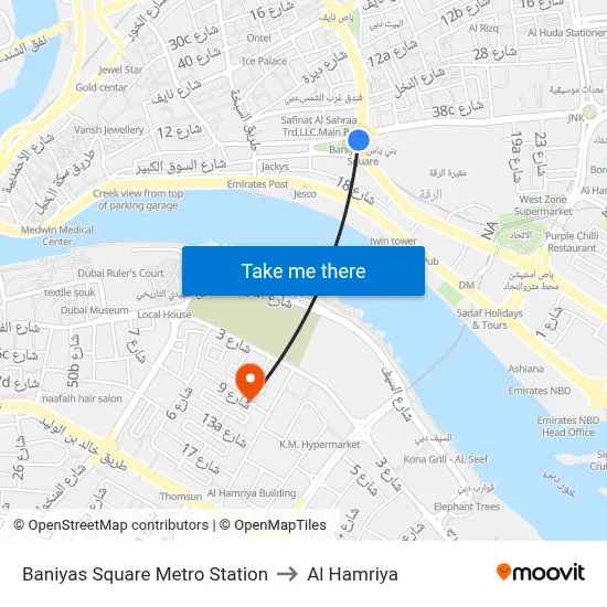 Baniyas Square Metro Station to Al Hamriya map