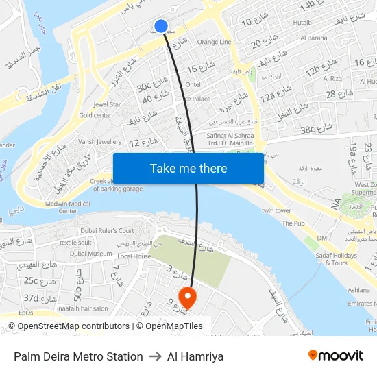 Palm Deira Metro Station to Al Hamriya map