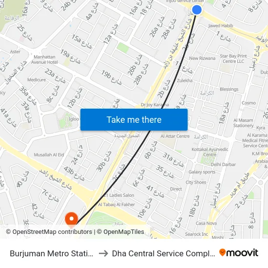 Burjuman Metro Station to Dha Central Service Complex map