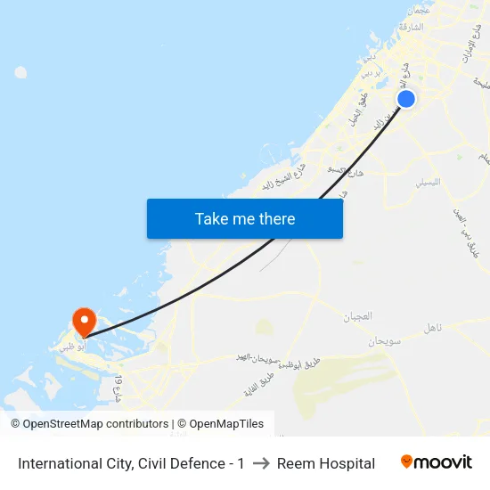 International City, Civil Defence - 1 to Reem Hospital map