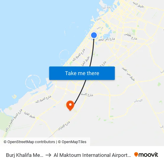 Burj Khalifa Metro Station to Al Maktoum International Airport Departures Terminal map