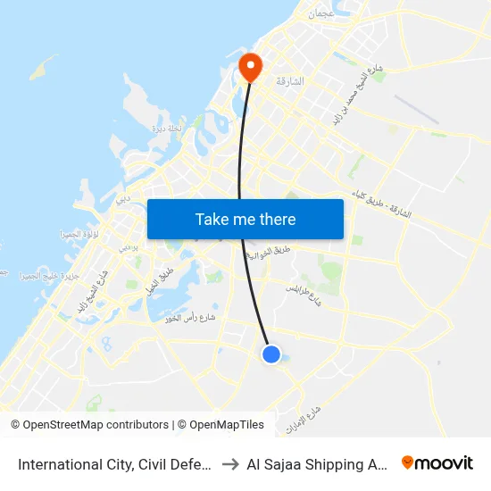 International City, Civil Defence - 2 to Al Sajaa Shipping Agency map