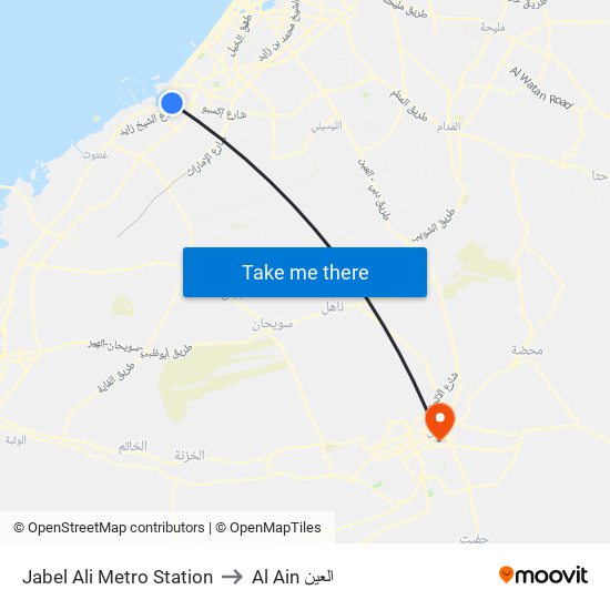 Jabel Ali Metro Station to Al Ain العين map