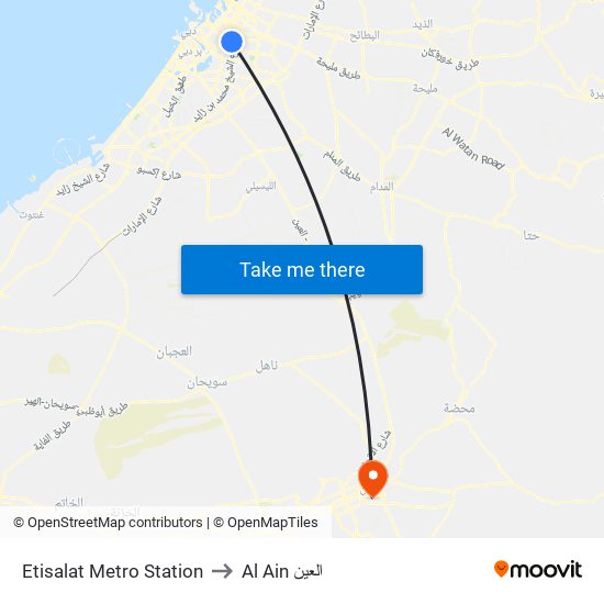 Etisalat Metro Station to Al Ain العين map