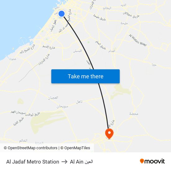Al Jadaf Metro Station to Al Ain العين map