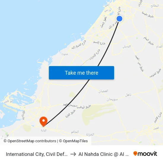 International City, Civil Defence - 1 to Al Nahda Clinic @ Al Wathba map