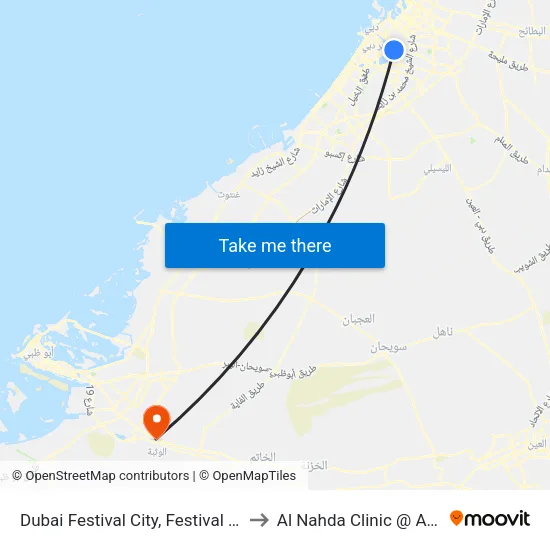 Dubai Festival City, Festival Centre - 01 to Al Nahda Clinic @ Al Wathba map