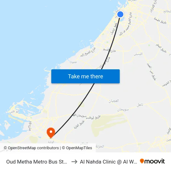 Oud Metha Metro Bus Stop - 01 to Al Nahda Clinic @ Al Wathba map