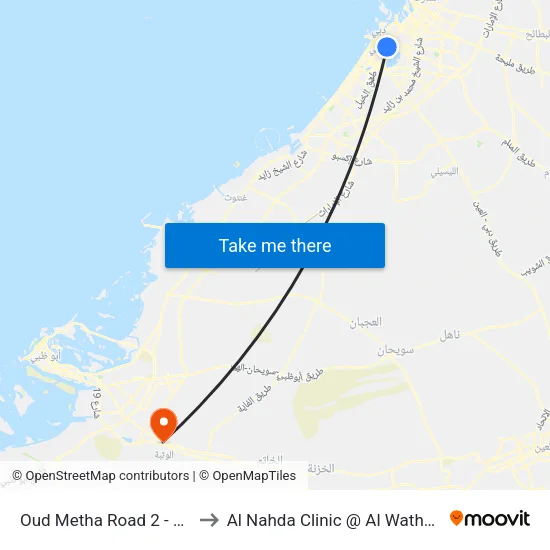Oud Metha Road 2 - 01 to Al Nahda Clinic @ Al Wathba map