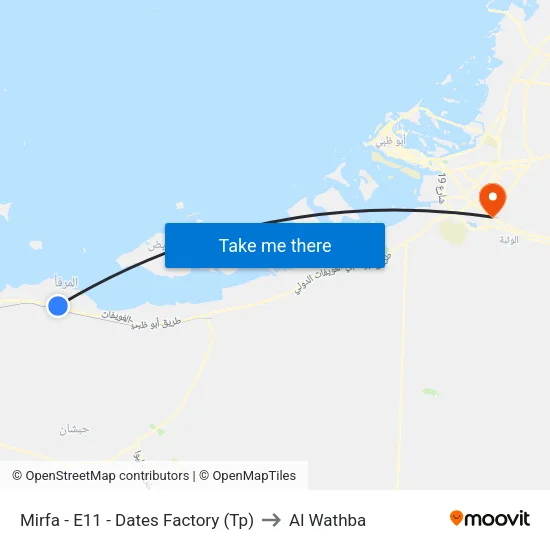 Mirfa - E11 - Dates Factory (Transit Point) to Al Wathba map