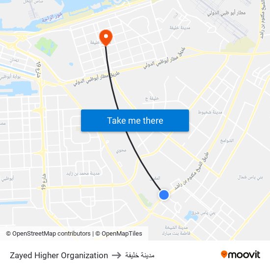 Zayed Higher Organization to مدينة خليفة map