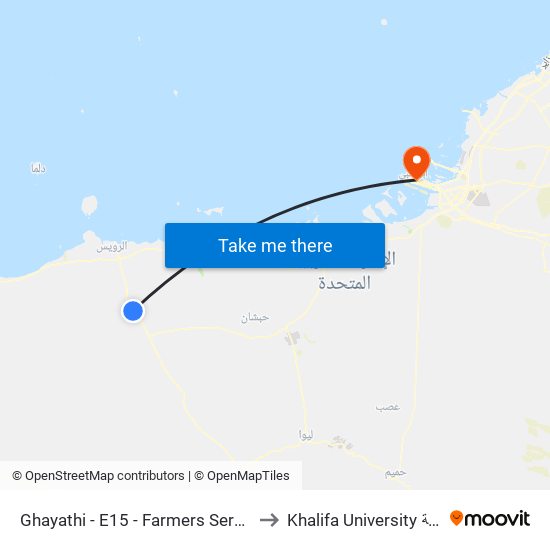 Ghayathi - E15 - Farmers Service Center to Khalifa University جامعة خليفة map