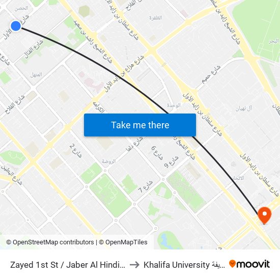 Zayed 1st St / Jaber Al Hindi Mosque to Khalifa University جامعة خليفة map