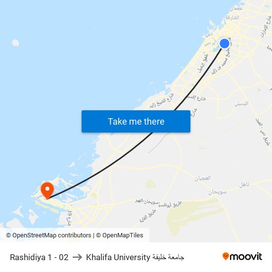 Rashidiya 1 - 02 to Khalifa University جامعة خليفة map